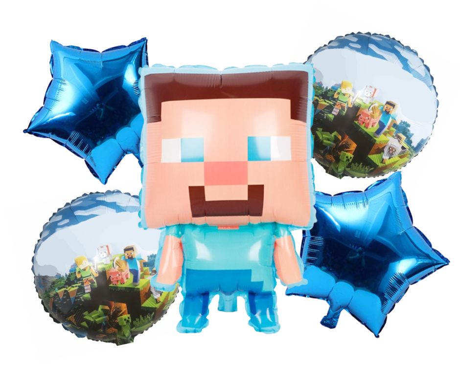 Video Game Pixel Steve Balloon Bouquet - Gamer Balloon Decoration - Party  Supplies
